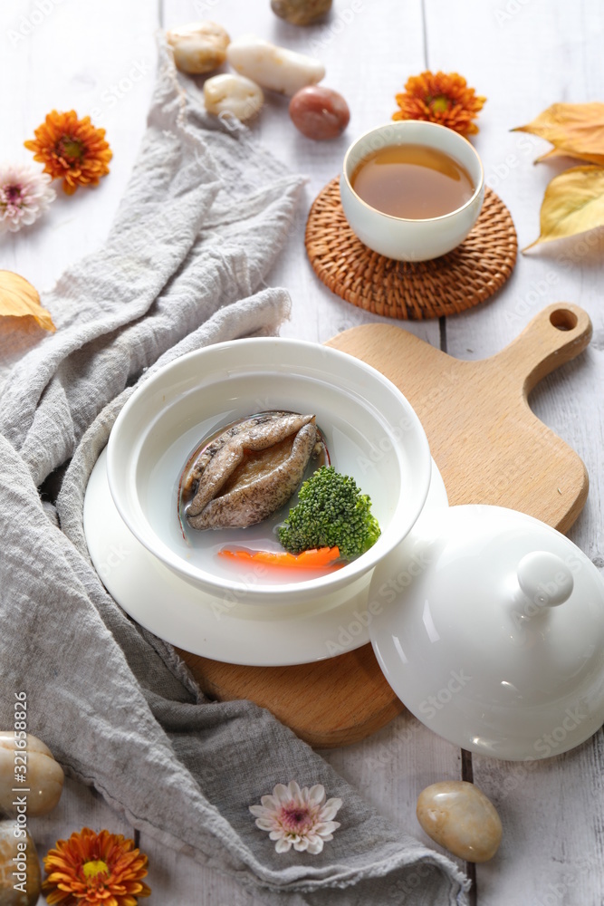 Delicious fresh seafood in white tableware Delicious fresh seafood in white tableware