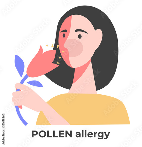 Pollen allergy, allergic girl with flower sneezing, healthcare