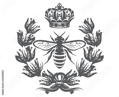 Vector monochrome illustration with bee, imperial crown and laurel wreath