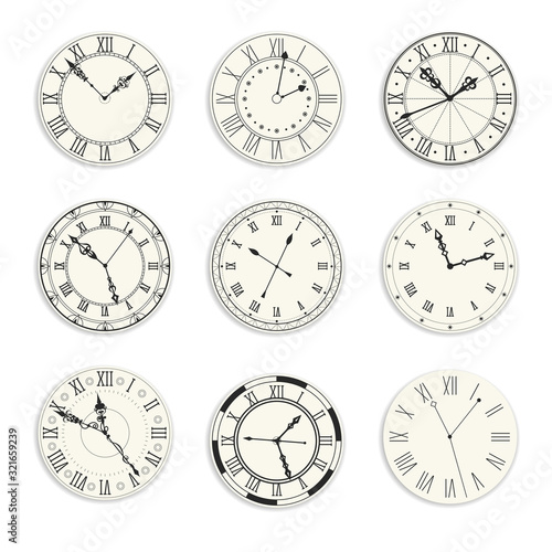 Vintage clock dials isolated icons, New Year symbol photo