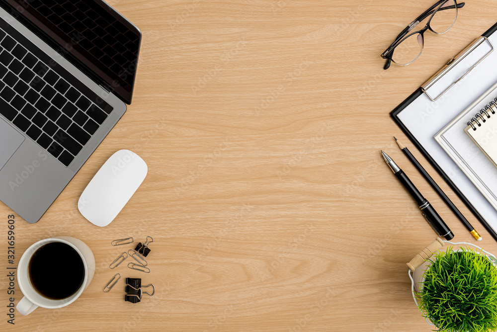 Top view Wood office desk table. Flat lay Workspace Top view Wood office desk table. Flat lay Workspace