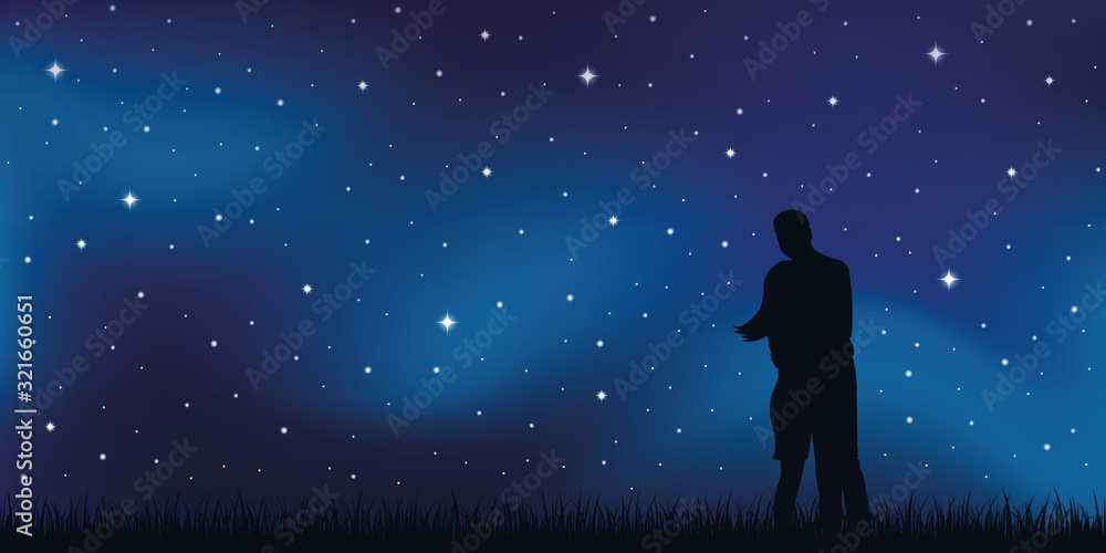 young couple in love looks in the starry sky vector illustration EPS10