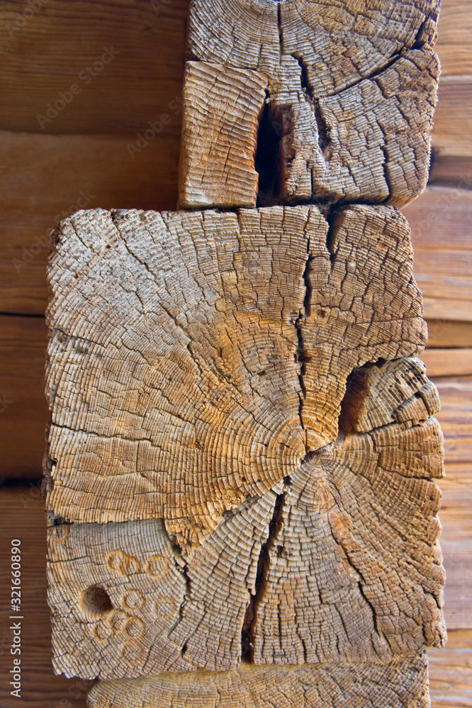 The texture of the logs of an old wooden house. Background for environmentally friendly construction from natural materials. Old buildings