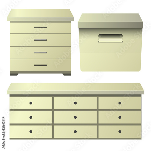 Cream drawer dresser with bedside night stand and storage box