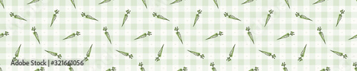 Hand drawn whimsical carrot gingham seamless pattern. Vector vintage check retro vegetable background. Green farm market tablecloth. Drawn sketchy allover print. Home grown self sufficient garden