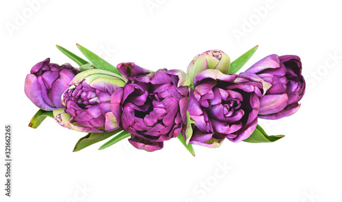 Purple peony tulip flowers in a floral arrangement
