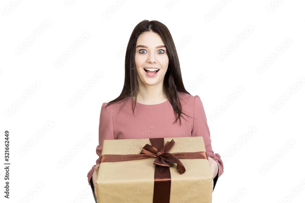 Girl with three gift boxes in her hands. brunette girl with long hair holds three gifts in her hands isolate on a white background Girl with three gift boxes in her hands. brunette girl with long hair holds three gifts in her hands isolate on a white background