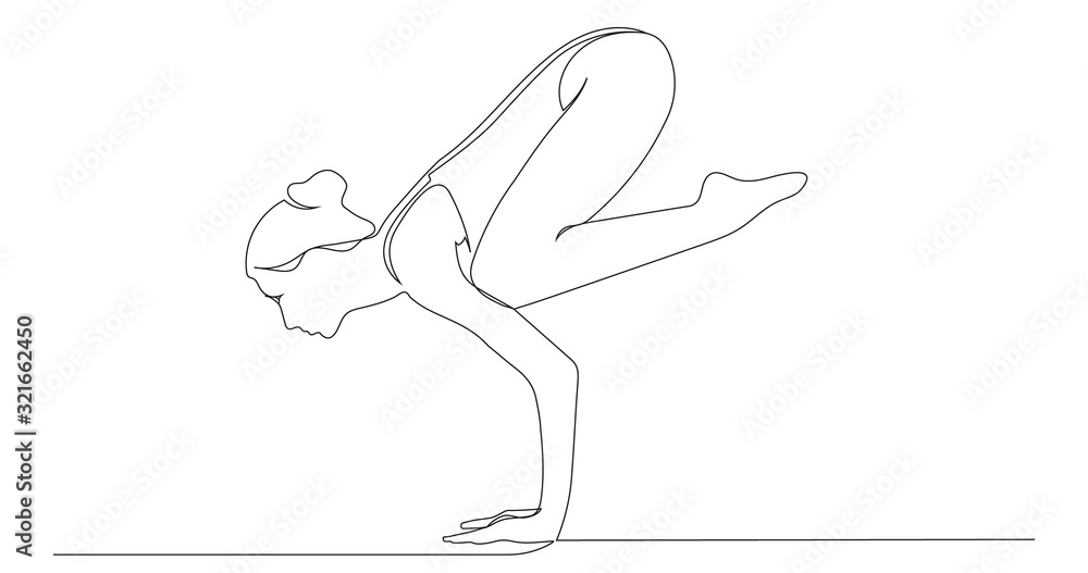 Woman doing exercise in yoga pose (Bakasana). Continuous line drawing. Vector illustration.