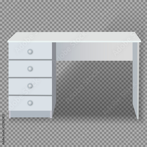 White desk with drawers on a transparent background. Isoliron Vector Object.