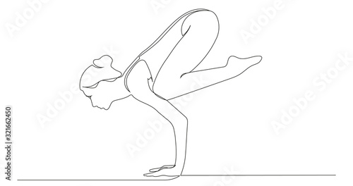 Woman doing exercise in yoga pose  Bakasana . Continuous line drawing. Vector illustration.