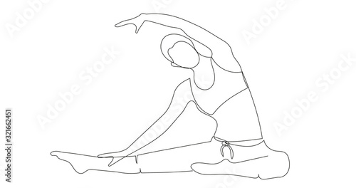 Woman doing exercise in yoga pose. Continuous line drawing. Vector illustration.