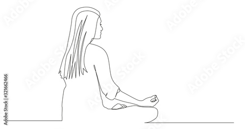 Woman meditating in yoga pose. Continuous line drawing. Vector illustration.