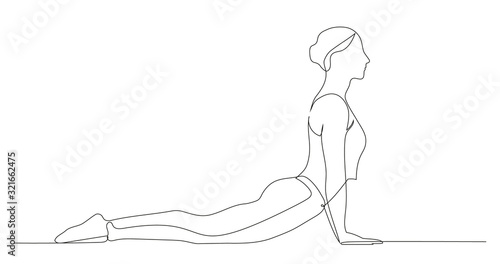 Woman doing exercise yoga Cobra Pose (Bhujangasana). Continuous line drawing. Vector illustration.
