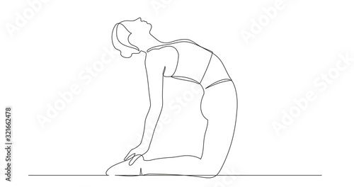Woman doing exercise yoga Camel Pose (Ustrasana). Continuous line drawing. Vector illustration.