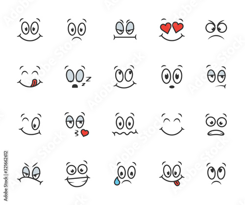 Vector set of cartoon faces. Contains smile, sadness, indifference, laughter, fear, cry, sleep and more.