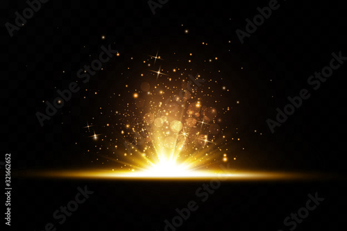 Set of golden light effects. Flashes and glares. Bright rays of light. Glowing lines. Vector illustration. Christmas flash. dust.