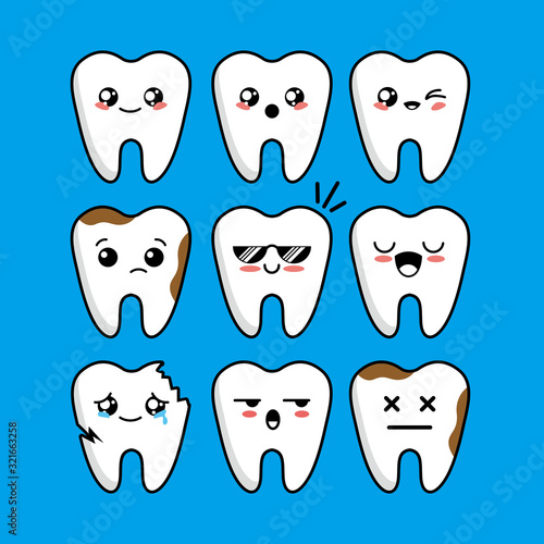 Set Cartoon of Cute Teeth Characters Design, Teeth Icon Illustration Template Vector