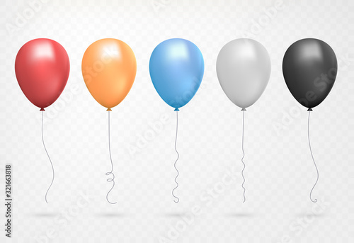 Helium balloon shine colored set. Flying Realistic Glossy Red  Blue  Grey  Yellow Balloons with ribbons. Vector