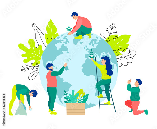 People care for the earth. Men and women work together for the good of the planet. Characters clean and plant plants on the globe. Vector banner on the ecology of volunteering and saving the planet.