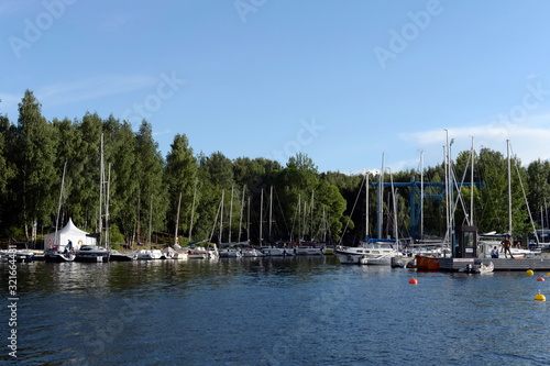 Yachts at the berth in the Branino Bay on the Pirogovsky reservoir of the Moscow Canal photo