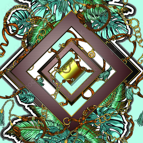 Seamless texture on the theme of the tropics, jungle from palm leaves, monstera, banana leaves with belts and golden chains, jewelry, metal pendants. 