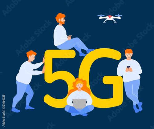 People interact with the letters 5G. Men and women with gadgets use high-speed internet together. Bright vector illustration on the theme of modern technology and wireless Internet. 5G network  photo