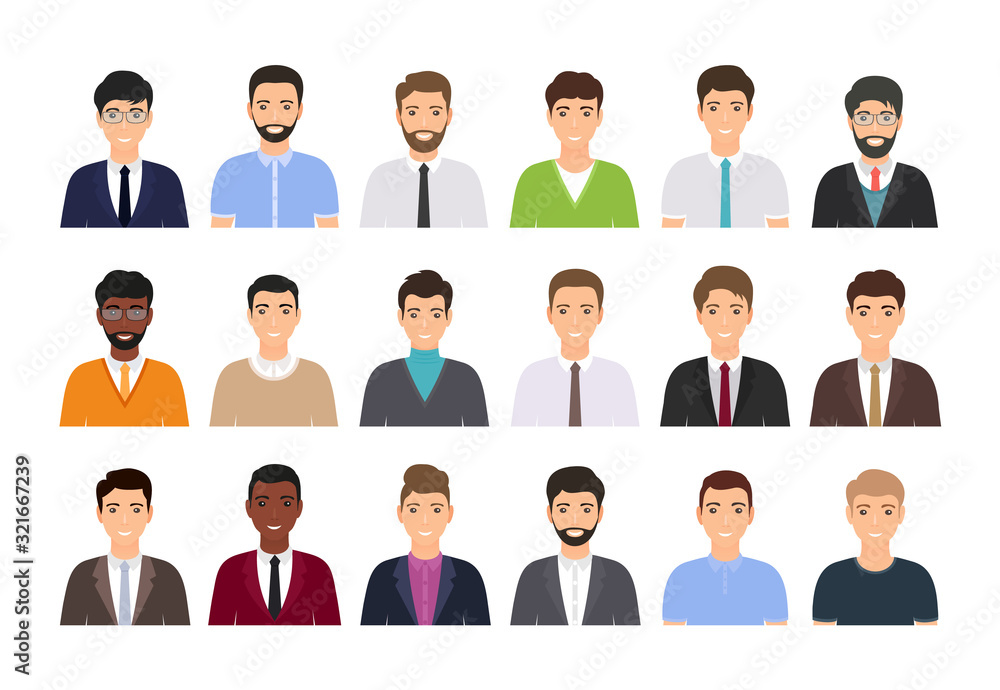 Avatar business people. Set men faces. Office person icon. Vector.  Corporate characters in flat design. Team male workers isolated. Collection  portrait businessmen. Cartoon illustration. Stock Vector | Adobe Stock