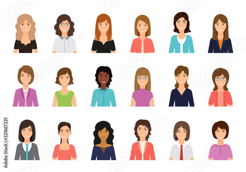 Avatar business people. Set women faces. Office person icon. Vector. Corporate characters in flat design. Team female workers isolated. Collection portrait businesswomen. Cartoon illustration.
