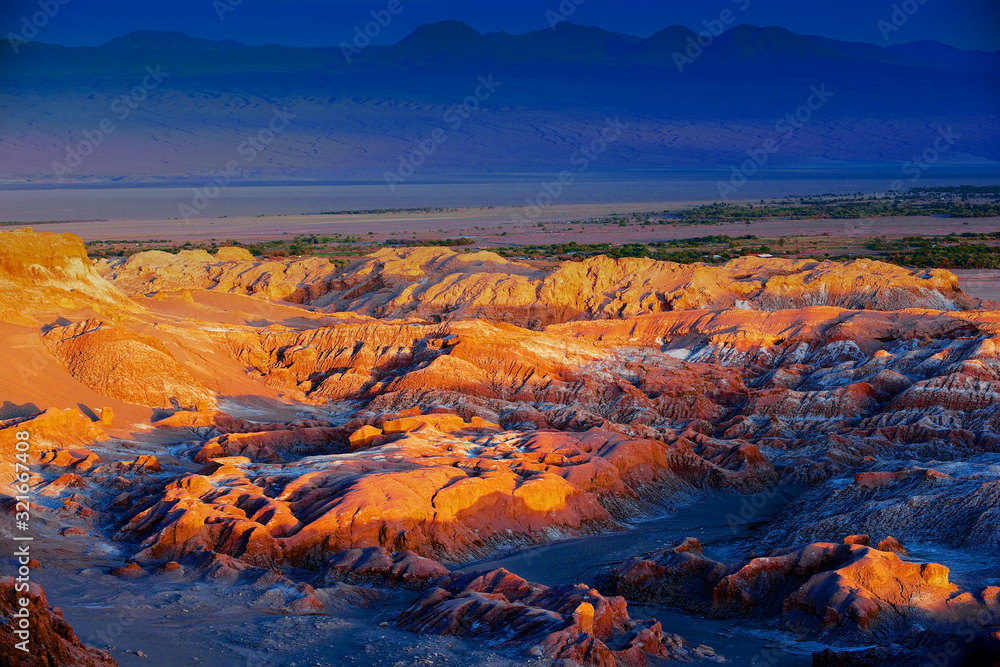 Extreme terrain of the Death valley in Atacama desert at sunset at San Pedro de Atacama, Chile.