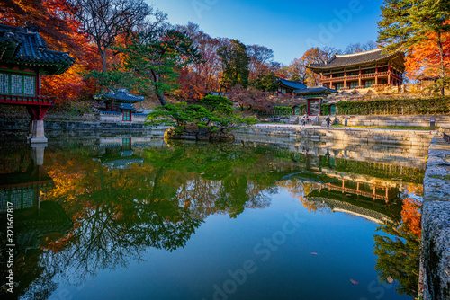 Gardens, Ponds, Pavilions and Fall Foliage at Changdeokgung Palace in Seoul Korea