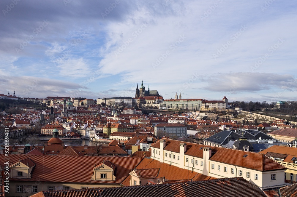 Panoramic view of the city of Prague with the castle in background (Prague, Czech Republic, Europe)