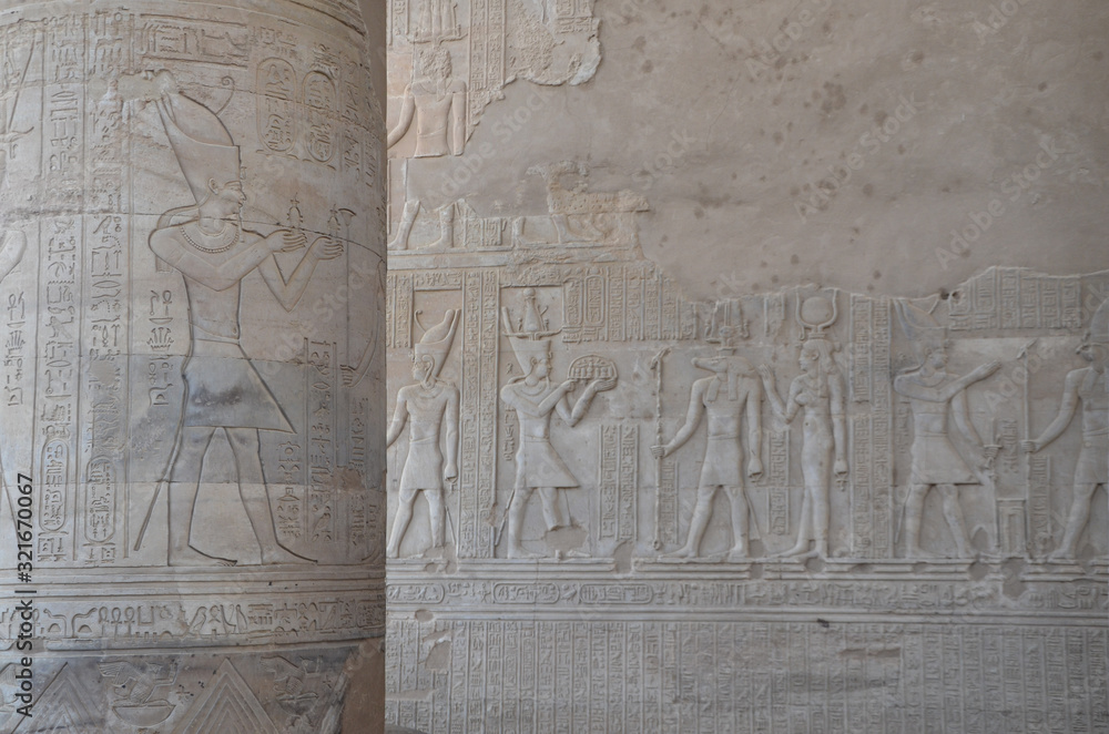 The Temple of Kom Ombo is an unusual double temple in the town of Kom Ombo in Aswan Governorate, Upper Egypt. Beautiful carving and hieroglyph on the wall.