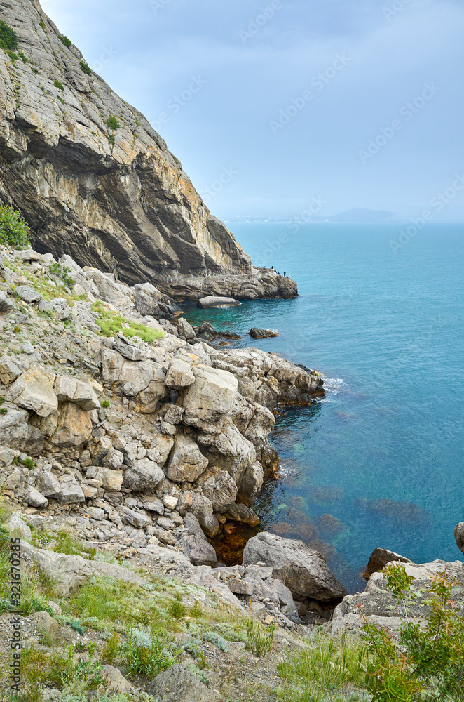 Beautiful bay, protruding cliffs. View from a mountain trail off the Black Sea coast, Novyi Svet village, Crimea