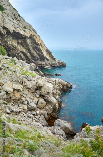 Obraz na płótnie Beautiful bay, protruding cliffs. View from a mountain trail off the Black Sea coast, Novyi Svet village, Crimea w salonie