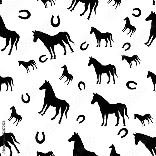 Seamless pattern with horse and horseshoe Animals illustration Vector card on color background for design, kids decor, wrapping, textile
