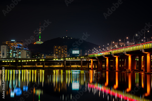 Seoul cityscape bridges  buildings and lights at night along the Han River