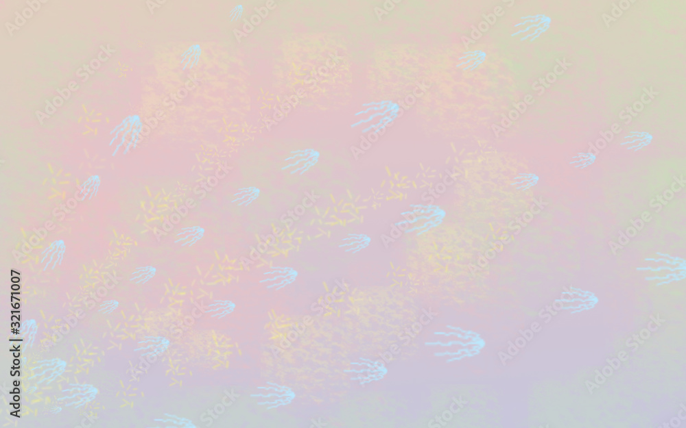 Abstract background in delicate pink and purple tones with light yellow and green spots and tracks of blue jellyfish