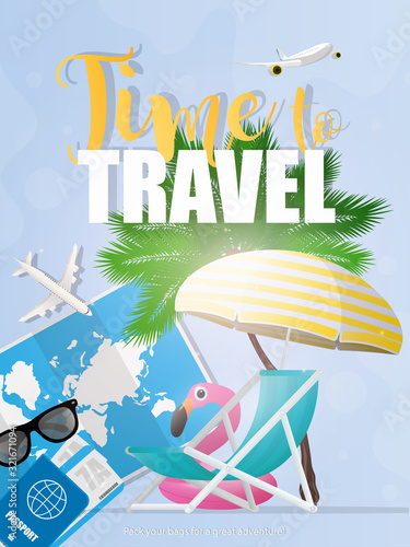 Time to travel. The banner is blue. World map, sun glasses, airplane thumbnail, beach deck chair and umbrella. An inflatable circle in the form of a pink flamingo. 