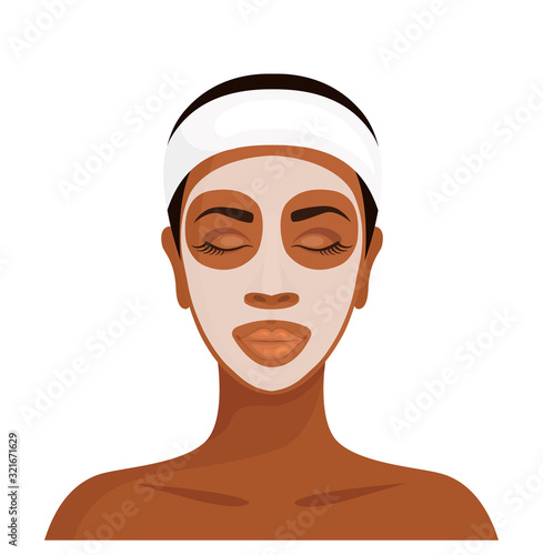 Dark-skinned woman with a cosmetic mask on her face. African girl with facial mask isolated on white background. Vector illustration in cartoon style. Skin care.