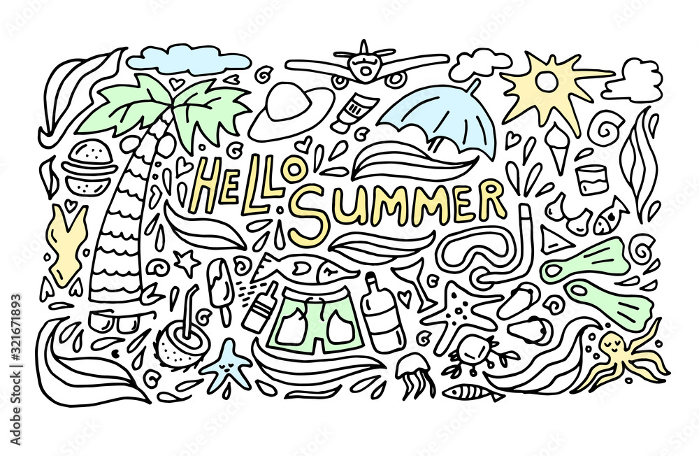 Fototapeta premium Summer black hand drawn thin line postcard isolated on white background. Seasonal greeting with words Hello Summer.