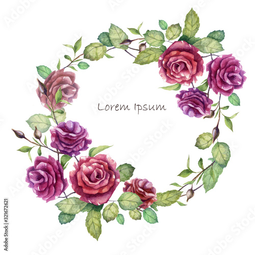 Watercolor illustration, frame of rose flowers. Rose bud, rose flower, rose leaves, rose flowers on a branch. Greeting card, celebration, wedding. Spring motive