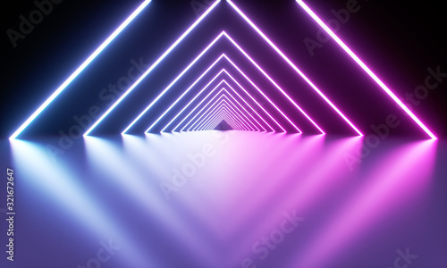 Blue and purple luminous fluorescent neon lights. Pure reflective dark metal surface. Sci Fi futuristic stage empty background. 3d rendering - illustration. © Jiva Core