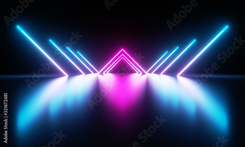Blue and purple luminous fluorescent neon lights. Pure reflective dark metal surface. Sci Fi futuristic stage empty background. 3d rendering - illustration.
