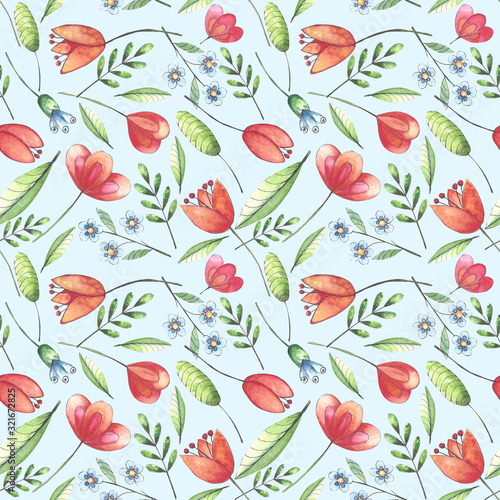 Seamless pattern with the image of stylized wildflowers and green leaves on a blue background. Watercolor hand drawn illustrations. Design for textile  fabric  clothing  postcards  packaging.
