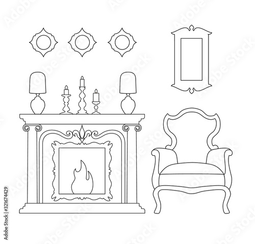 Interior with an old fireplace and an armchair in a linear style. Vector outline illustration. Antique Room with furniture and decor.