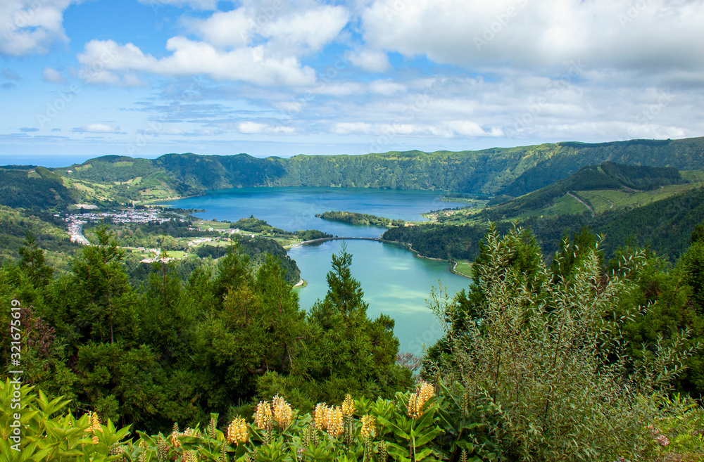 View to Green Lake and Blue Lake (Lagoa Verde and Lagoa Azul), Ponta Delgada, Sao Miguel island, Azores, Portugal 