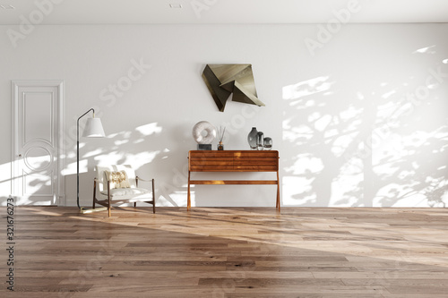 White minimalistic interior with wooden floor and mid century Scandinavian furniture 3d render