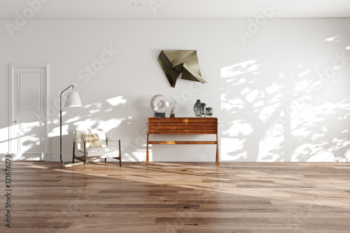 Wallpaper Mural White minimalistic interior with wooden floor and mid century Scandinavian furniture 3d render Torontodigital.ca