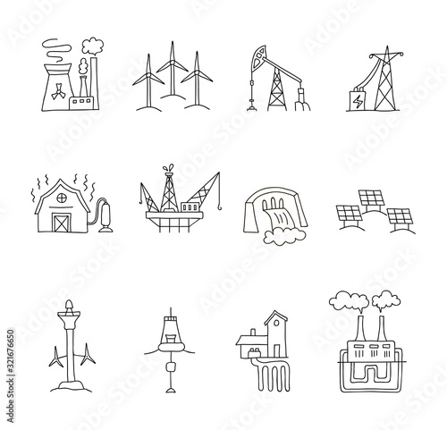 Set of linear icons on the theme of energy sources. Symbols of renewable and fossil energy. Vector illustration in outline style. Modern equipment and installations.