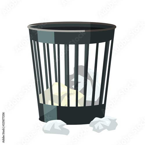 Plastic bin with crumpled paper sheets inside, out